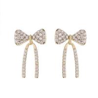 Brass Stud Earring, Bowknot, gold color plated, micro pave cubic zirconia & for woman, 25mm 