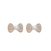Brass Stud Earring, with Plastic Pearl, gold color plated, micro pave cubic zirconia & for woman 