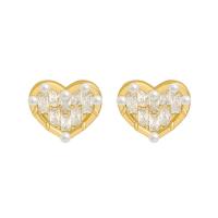 Brass Stud Earring, with Plastic Pearl, Heart, gold color plated, micro pave cubic zirconia & for woman 