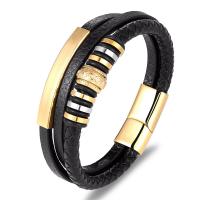 PU Leather Cord Bracelets, with 304 Stainless Steel, three layers & for man, golden 