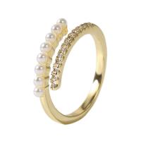Cubic Zirconia Micro Pave Brass Finger Ring, with Plastic Pearl, gold color plated, Adjustable & micro pave cubic zirconia & for woman, gold, 17mm 