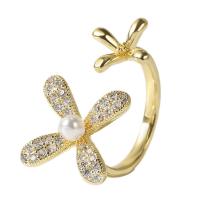 Cubic Zirconia Micro Pave Brass Finger Ring, with Plastic Pearl, Flower, gold color plated, Adjustable & micro pave cubic zirconia & for woman, gold, 18mm 