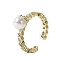 Cubic Zirconia Micro Pave Brass Finger Ring, with Plastic Pearl, gold color plated, Adjustable & micro pave cubic zirconia & for woman, gold, 17mm 