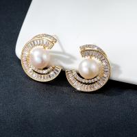 Brass Stud Earring, with Plastic Pearl, plated, micro pave cubic zirconia & for woman 