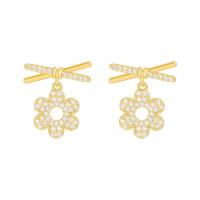 Brass Drop Earring, Flower, gold color plated, micro pave cubic zirconia & for woman 