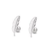 Sterling Silver Stud Earring, argent sterling 925, forme de plume, Placage de couleur argentée, pour femme Vendu par paire