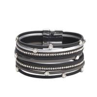 PU Leather Cord Bracelets, with brass chain, multilayer & for woman & with rhinestone 