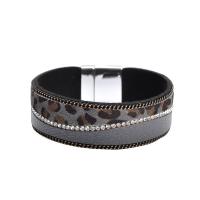 PU Leather Cord Bracelets, with brass chain & horse hair, printing, for woman & with rhinestone & leopard pattern 