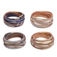 PU Leather Cord Bracelets, multilayer & for woman & with rhinestone 