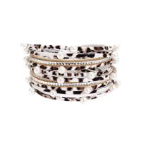 PU Leather Cord Bracelets, with Plastic Pearl, printing, multilayer & for woman & with rhinestone & leopard pattern 