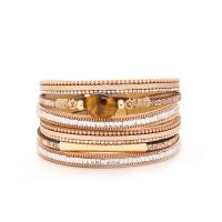PU Leather Cord Bracelets, with Tiger Eye & Zinc Alloy, gold color plated, multilayer & for woman 