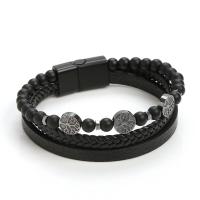 PU Leather Cord Bracelets, with zinc alloy bead & Gemstone, gun black plated, multilayer & for woman 200mm 