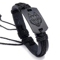PU Leather Cord Bracelets, with Linen & Zinc Alloy, with 9-10cm extender chain, Wolf, plumbum black color plated, Adjustable & fashion jewelry, black, 12mm cm 