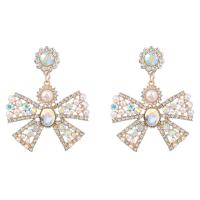 Plastic Pearl Zinc Alloy Earring, with Plastic Pearl, Bowknot, gold color plated, for woman & with rhinestone & hollow 
