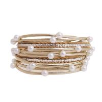 PU Leather Cord Bracelets, with Plastic Pearl, multilayer & for woman & with rhinestone 