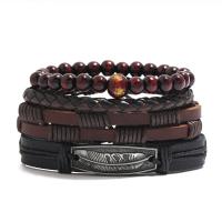 PU Leather Cord Bracelets, with Linen & Cowhide & Wax Cord & Wood & Zinc Alloy, handmade, 4 pieces & fashion jewelry & Unisex, 17-18cm,22.5*1.2cm 