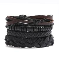PU Leather Cord Bracelets, with Linen & Cowhide & Wax Cord & Wood, handmade, 4 pieces & fashion jewelry & Unisex Approx 17-18 cm 
