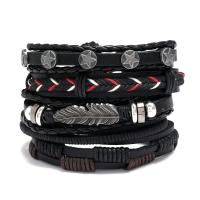 PU Leather Cord Bracelets, with Linen & Cowhide & Wax Cord & Copper Coated Plastic & Zinc Alloy, handmade, 5 pieces & fashion jewelry & Unisex Approx 17-18 cm 