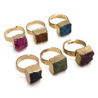 Natural Agate Druzy Finger Ring, Brass, with Ice Quartz Agate, Square, gold color plated, fashion jewelry 12mm 