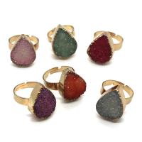 Natural Agate Druzy Finger Ring, Brass, with Ice Quartz Agate, Teardrop, gold color plated, fashion jewelry 