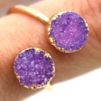 Natural Agate Druzy Finger Ring, Brass, with Ice Quartz Agate, Round, gold color plated, fashion jewelry 8mm 