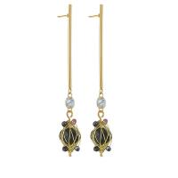 Titanium Steel Drop Earring, with Seedbead & Rhinestone, gold color plated, for woman 