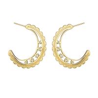 Titanium Steel Hoop Earring, gold color plated, for woman & with rhinestone & hollow 