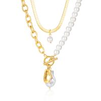 Natural Freshwater Pearl Necklace, 304 Stainless Steel, with Freshwater Pearl, with 2.36inch extender chain, Vacuum Ion Plating, Double Layer & fashion jewelry & for woman 22mm Approx 17.72 Inch, Approx 15.35 Inch 