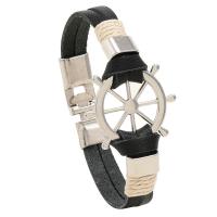 Cowhide Bracelets, with Zinc Alloy, Ship Wheel, silver color plated, fashion jewelry & for man, black, 10mm .5 cm 