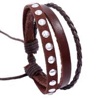 Cowhide Bracelets, with PU Leather & Wax Cord, with 8-9cm*2 extender chain, Adjustable & fashion jewelry, brown cm 