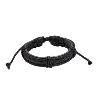 Cowhide Bracelets, with Linen & PU Leather, with 8-9cm*2 extender chain, handmade, Adjustable & fashion jewelry, black, 12mm cm 