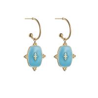 Titanium Steel Drop Earring, gold color plated, for woman & enamel, blue 