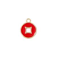 Enamel Brass Pendants, Flat Round, gold color plated, hollow, red 