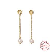 Sterling Silver Pearl Drop Earring, 925 Sterling Silver, with Plastic Pearl, gold color plated, for woman, 80mm 