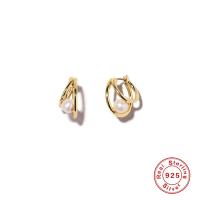 Sterling Silver Huggie Hoop Earring, 925 Sterling Silver, with Plastic Pearl, gold color plated, for woman, 12mm 