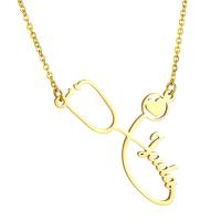Stainless Steel Jewelry Necklace, 304 Stainless Steel, with 1.97inch extender chain, Stethoscope, Vacuum Ion Plating, Each custom text must be less than 10 letters & fashion jewelry & for woman, golden Approx 17.72 Inch 