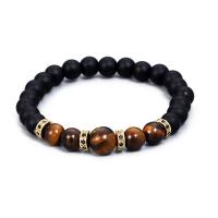 Gemstone Bracelets, Abrazine Stone, with rhinestone zinc alloy spacer & Tiger Eye, Round, gold color plated, elastic & for man, mixed colors, 8-10mm cm 