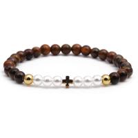 Tiger Eye Stone Bracelets, with Plastic Pearl & Brass, gold color plated, elastic mixed colors .48 Inch 