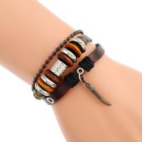 Cowhide Bracelets, Split Layer Cowhide Leather, with Wax Cord & Wood & Copper Coated Plastic & Zinc Alloy, with 8-9cm*2 extender chain, plated, Adjustable & fashion jewelry & multilayer, mixed colors Approx 17 cm 