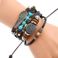 Cowhide Bracelets, with PU Leather & Wax Cord & Non Magnetic Hematite & Copper Coated Plastic & Zinc Alloy, with 8-9cm*2 extender chain, plated, Adjustable & fashion jewelry & multilayer, mixed colors Approx 17 cm 