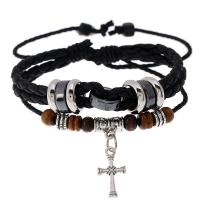 PU Leather Cord Bracelets, with Linen & Wood & Copper Coated Plastic & Zinc Alloy, with 8-9cm*2 extender chain, Cross, plated, Double Layer & Adjustable & fashion jewelry Approx 17-18 cm 