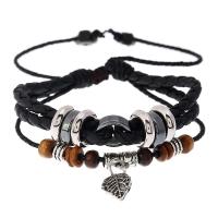 PU Leather Cord Bracelets, with Linen & Wood & Copper Coated Plastic & Zinc Alloy, with 8-9cm*2 extender chain, Leaf, plated, Adjustable & fashion jewelry & multilayer Approx 17-18 cm 