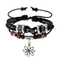 PU Leather Cord Bracelets, with Linen & Wood & Copper Coated Plastic & Zinc Alloy, with 8-9cm*2 extender chain, Flower, plated, Adjustable & fashion jewelry & multilayer Approx 17-18 cm 
