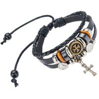 Cowhide Bracelets, with Wood & Zinc Alloy, with 8cm*2 extender chain, Cross, plated, Adjustable & fashion jewelry & multilayer, black, Inner Approx 60mm 