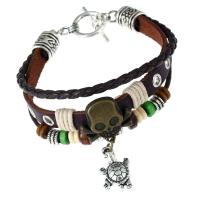 Cowhide Bracelets, with Wax Cord & Wood & Zinc Alloy, Skull, plated, fashion jewelry & multilayer, mixed colors, 8mm Approx 21 cm 