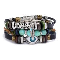 Cowhide Bracelets, with turquoise & Linen & Zinc Alloy, with 9-10cm*2 extender chain, plated, Adjustable & fashion jewelry Approx 17 cm 