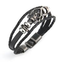 PU Leather Cord Bracelets, with Zinc Alloy, Skull, antique silver color plated, fashion jewelry, black Approx 21 cm 