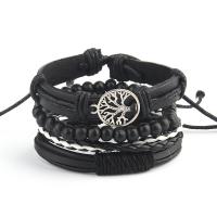 Cowhide Bracelets, with Linen & PU Leather & Wood & Zinc Alloy, with 8-9cm*2 extender chain, Tree, silver color plated, 4 pieces & fashion jewelry, black cm 