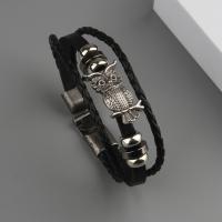 Cowhide Bracelets, with Zinc Alloy, Owl, plated, fashion jewelry & Unisex, black, 6mm cm 
