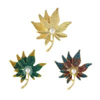Zinc Alloy Jewelry Brooch, with Plastic Pearl, Maple Leaf, gold color plated, Unisex & enamel 